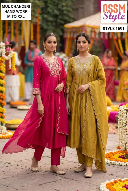 OSSM STYLE D.NO 1691-1692-1694 TO 1697-1747 TO 1750 WHOLESALE READYMADE MUL CHANDERI FANCY WORK 3 PCS COMBO SET SUITS EXPORTER