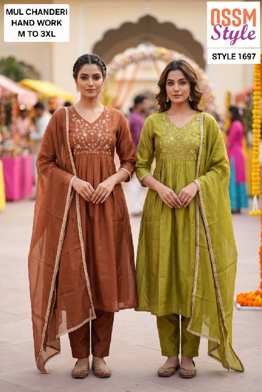 OSSM STYLE D.NO 1691-1692-1694 TO 1697-1747 TO 1750 WHOLESALE READYMADE MUL CHANDERI FANCY WORK 3 PCS COMBO SET SUITS EXPORTER