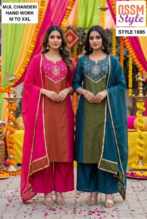 OSSM STYLE D.NO 1691-1692-1694 TO 1697-1747 TO 1750 WHOLESALE READYMADE MUL CHANDERI FANCY WORK 3 PCS COMBO SET SUITS EXPORTER