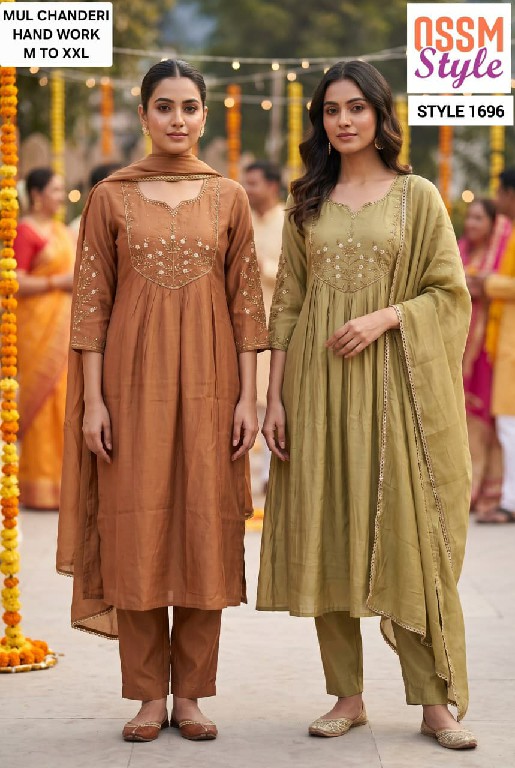 OSSM STYLE D.NO 1691-1692-1694 TO 1697-1747 TO 1750 WHOLESALE READYMADE MUL CHANDERI FANCY WORK 3 PCS COMBO SET SUITS EXPORTER
