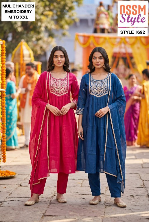 OSSM STYLE D.NO 1691-1692-1694 TO 1697-1747 TO 1750 WHOLESALE READYMADE MUL CHANDERI FANCY WORK 3 PCS COMBO SET SUITS EXPORTER