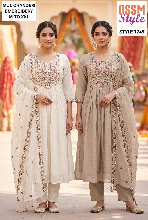 OSSM STYLE D.NO 1691-1692-1694 TO 1697-1747 TO 1750 WHOLESALE READYMADE MUL CHANDERI FANCY WORK 3 PCS COMBO SET SUITS EXPORTER
