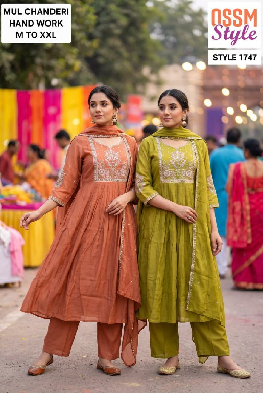 OSSM STYLE D.NO 1691-1692-1694 TO 1697-1747 TO 1750 WHOLESALE READYMADE MUL CHANDERI FANCY WORK 3 PCS COMBO SET SUITS EXPORTER