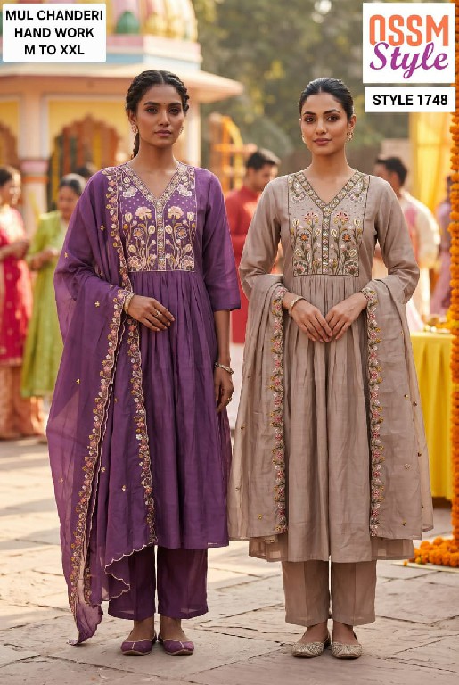 OSSM STYLE D.NO 1691-1692-1694 TO 1697-1747 TO 1750 WHOLESALE READYMADE MUL CHANDERI FANCY WORK 3 PCS COMBO SET SUITS EXPORTER