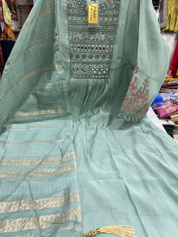 SAHIL PRINTS PRESENT READYMADE MUL CHANDERI MIRROR WORK 3 PCS COMBO SET SUITS FOR EXPORT