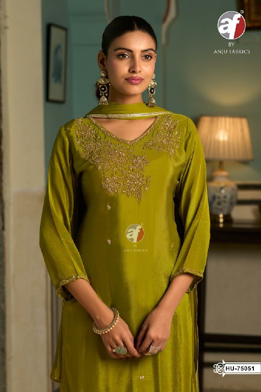 ANJU FAB D.NO HU 75049 TO 75052 WHOLESALE READYMADE PURE CHINON DESIGNER WEAR 3 PCS COMBO SET SUITS EXPORTER