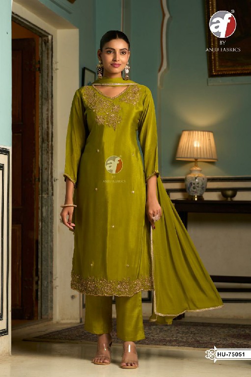 ANJU FAB D.NO HU 75049 TO 75052 WHOLESALE READYMADE PURE CHINON DESIGNER WEAR 3 PCS COMBO SET SUITS EXPORTER