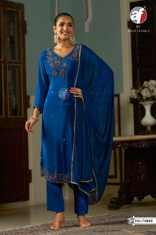 ANJU FAB D.NO HU 75049 TO 75052 WHOLESALE READYMADE PURE CHINON DESIGNER WEAR 3 PCS COMBO SET SUITS EXPORTER