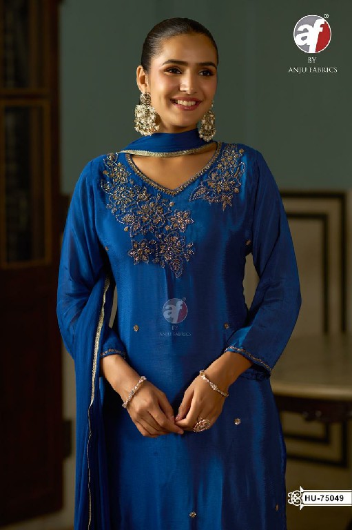 ANJU FAB D.NO HU 75049 TO 75052 WHOLESALE READYMADE PURE CHINON DESIGNER WEAR 3 PCS COMBO SET SUITS EXPORTER