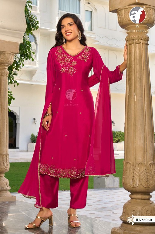 ANJU FAB D.NO HU 75049 TO 75052 WHOLESALE READYMADE PURE CHINON DESIGNER WEAR 3 PCS COMBO SET SUITS EXPORTER