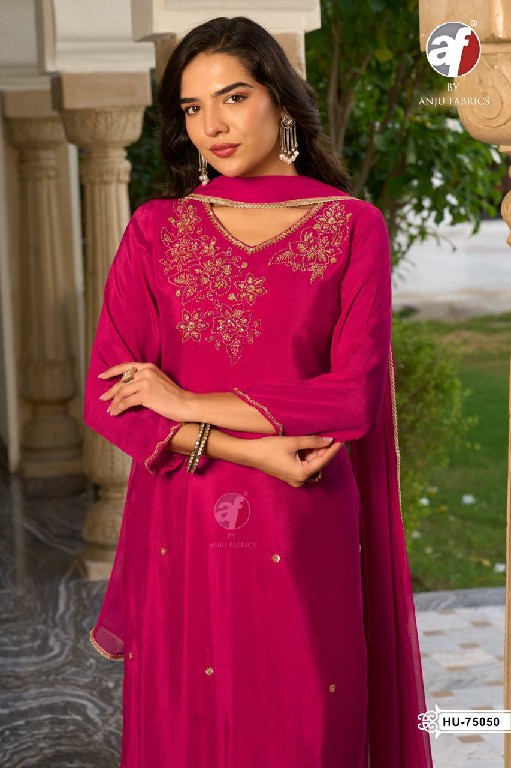 ANJU FAB D.NO HU 75049 TO 75052 WHOLESALE READYMADE PURE CHINON DESIGNER WEAR 3 PCS COMBO SET SUITS EXPORTER