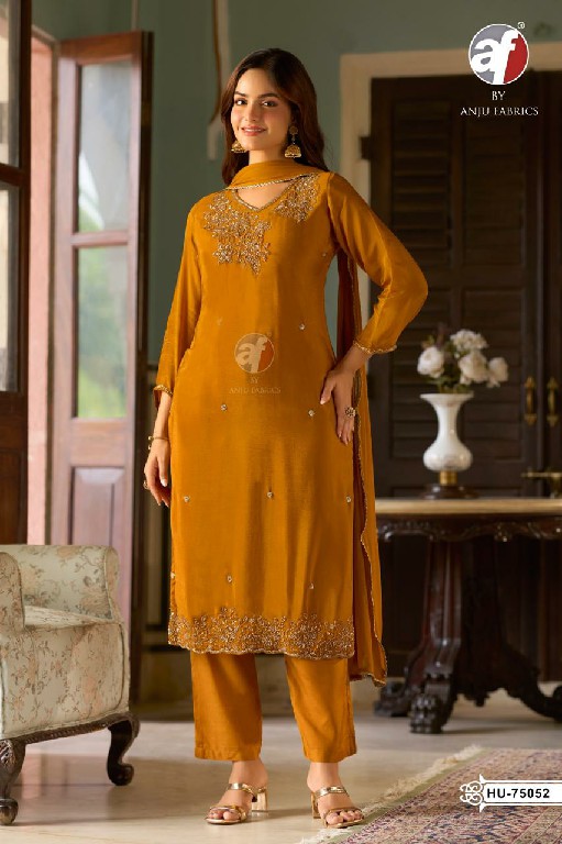 ANJU FAB D.NO HU 75049 TO 75052 WHOLESALE READYMADE PURE CHINON DESIGNER WEAR 3 PCS COMBO SET SUITS EXPORTER