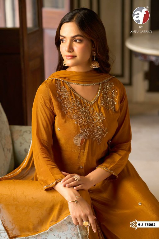 ANJU FAB D.NO HU 75049 TO 75052 WHOLESALE READYMADE PURE CHINON DESIGNER WEAR 3 PCS COMBO SET SUITS EXPORTER