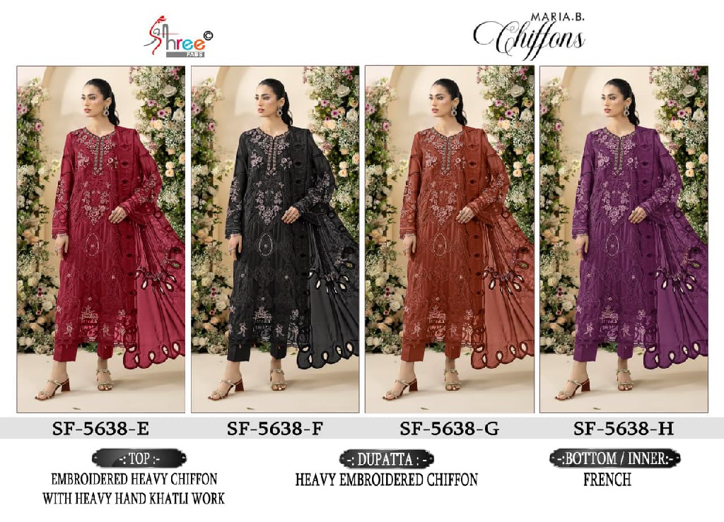 SHREE FABS D.NO 5638E TO 5638H WHOLESALE CHIFFON PAKISTANI HIT DESIGN UNSTITCH SALWAR SUITS EXPORTER