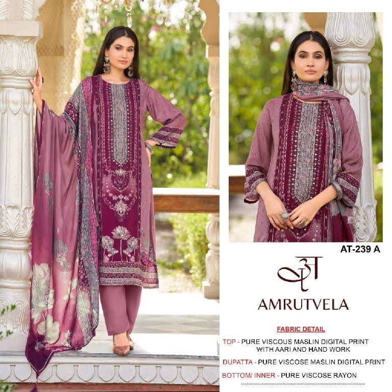 AMRUTVELA D.NO 239 WHOLESALE VISCOSE MUSLIN ELEGANT DESIGN UNSTITCH SALWAR SUITS FOR EXPORT