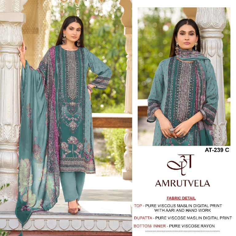 AMRUTVELA D.NO 239 WHOLESALE VISCOSE MUSLIN ELEGANT DESIGN UNSTITCH SALWAR SUITS FOR EXPORT
