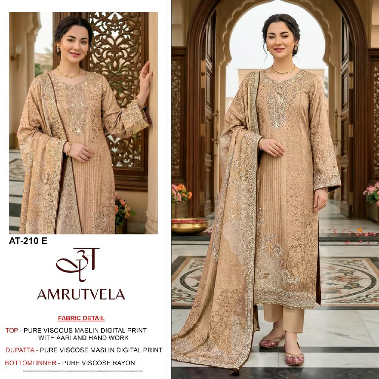 AMRUTVELA D.NO 210E-210F WHOLESALE VISCOSE MUSLIN BEAUTIFUL DESIGN UNSTITCH SALWAR SUITS SUPPLIER