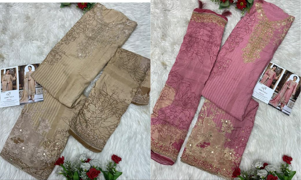 AMRUTVELA D.NO 210E-210F WHOLESALE VISCOSE MUSLIN BEAUTIFUL DESIGN UNSTITCH SALWAR SUITS SUPPLIER