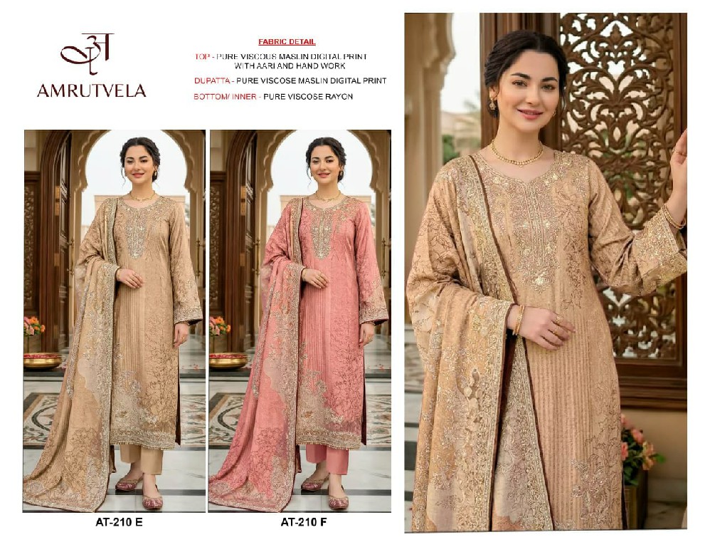 AMRUTVELA D.NO 210E-210F WHOLESALE VISCOSE MUSLIN BEAUTIFUL DESIGN UNSTITCH SALWAR SUITS SUPPLIER