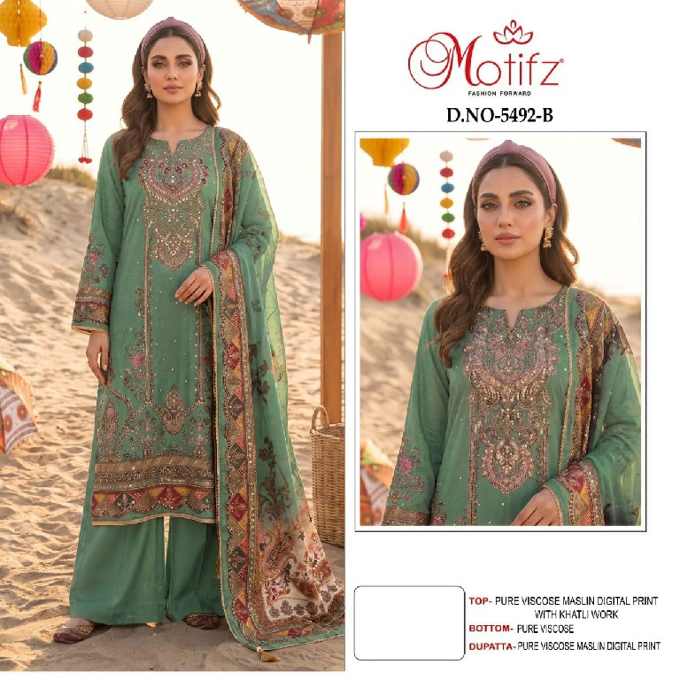 MOTIFZ D.NO 5492 WHOLESALE PURE VISCOSE MUSLIN WITH WORK PAKISTANI UNSTITCH SALWAR SUITS EXPORTER