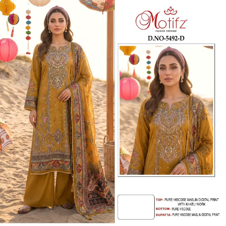 MOTIFZ D.NO 5492 WHOLESALE PURE VISCOSE MUSLIN WITH WORK PAKISTANI UNSTITCH SALWAR SUITS EXPORTER