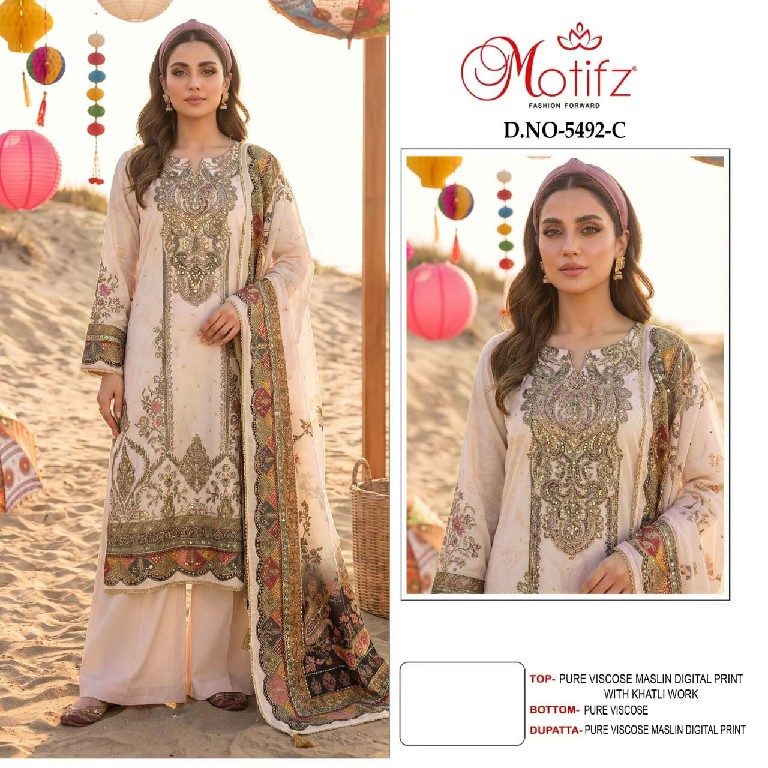 MOTIFZ D.NO 5492 WHOLESALE PURE VISCOSE MUSLIN WITH WORK PAKISTANI UNSTITCH SALWAR SUITS EXPORTER