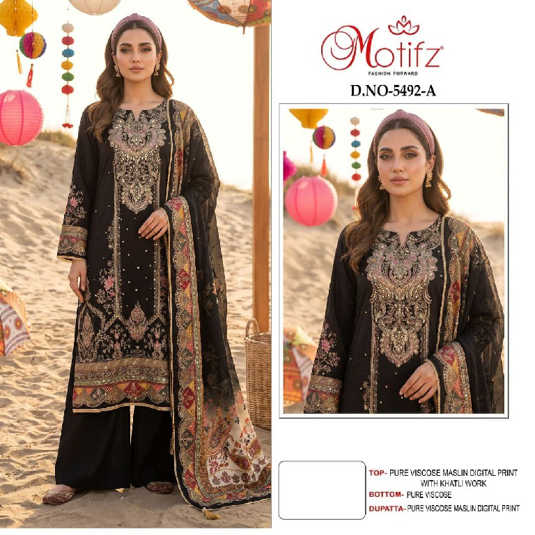MOTIFZ D.NO 5492 WHOLESALE PURE VISCOSE MUSLIN WITH WORK PAKISTANI UNSTITCH SALWAR SUITS EXPORTER
