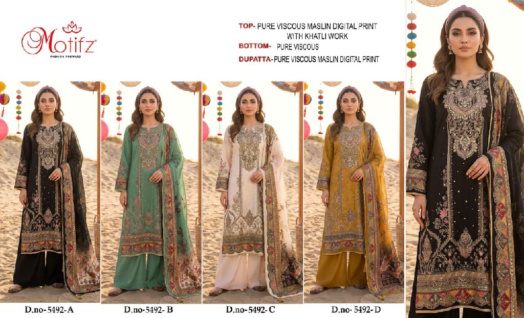MOTIFZ D.NO 5492 WHOLESALE PURE VISCOSE MUSLIN WITH WORK PAKISTANI UNSTITCH SALWAR SUITS EXPORTER