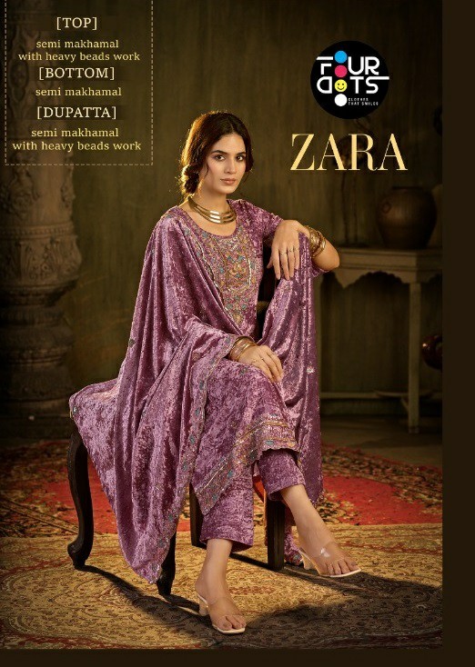 FOURDOTS ZARA WHOLESALE SEMI MAKHAMAL VELVET WITH WORK WINTER WEAR UNSTITCH SALWAR SUITS FOR EXPORT