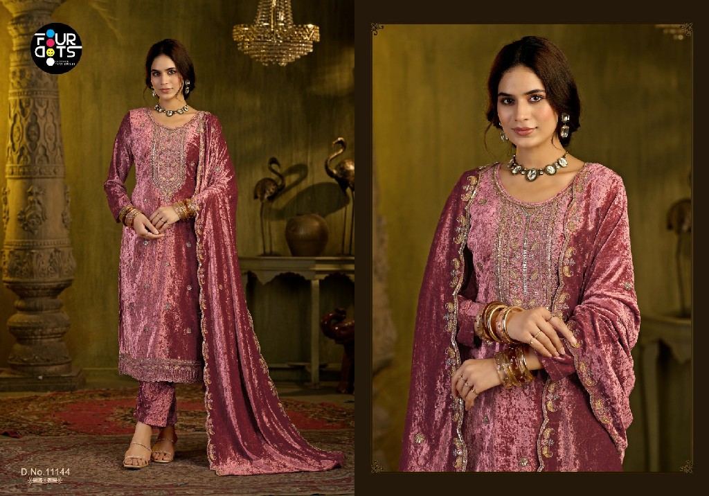FOURDOTS ZARA WHOLESALE SEMI MAKHAMAL VELVET WITH WORK WINTER WEAR UNSTITCH SALWAR SUITS FOR EXPORT