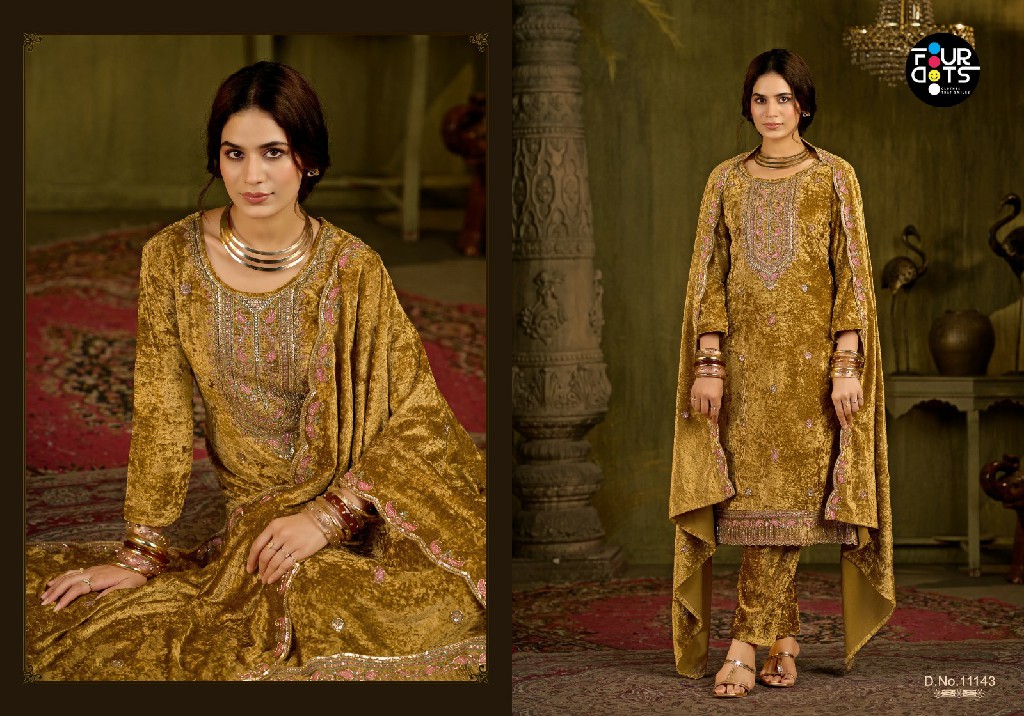 FOURDOTS ZARA WHOLESALE SEMI MAKHAMAL VELVET WITH WORK WINTER WEAR UNSTITCH SALWAR SUITS FOR EXPORT