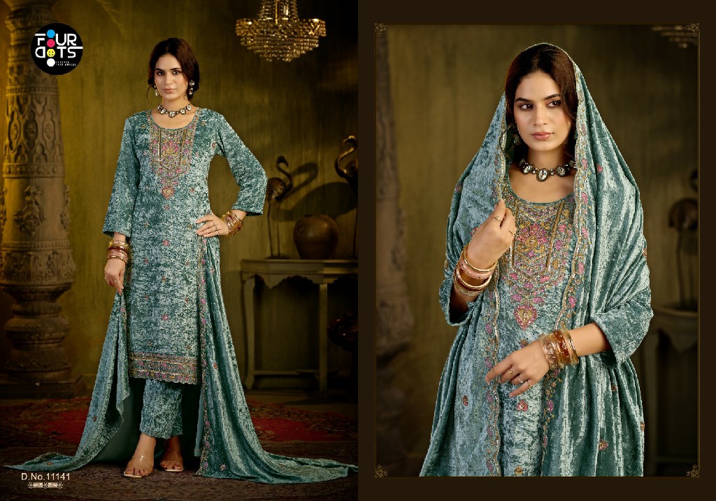 FOURDOTS ZARA WHOLESALE SEMI MAKHAMAL VELVET WITH WORK WINTER WEAR UNSTITCH SALWAR SUITS FOR EXPORT