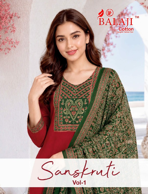 BALAJI SANSKRUTI VOL 1 WHOLESALE READYMADE HEAVY COTTON BEAUTIFUL 3 PCS SUITS EXPORTER