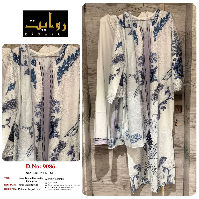 RAWAYAT D.NO 9086 TO 9101 WHOLESALE READYMADE SATIN DIGITAL PRINT LONG KAFTAN STYLE 3 PCS SUITS SUPPLIER