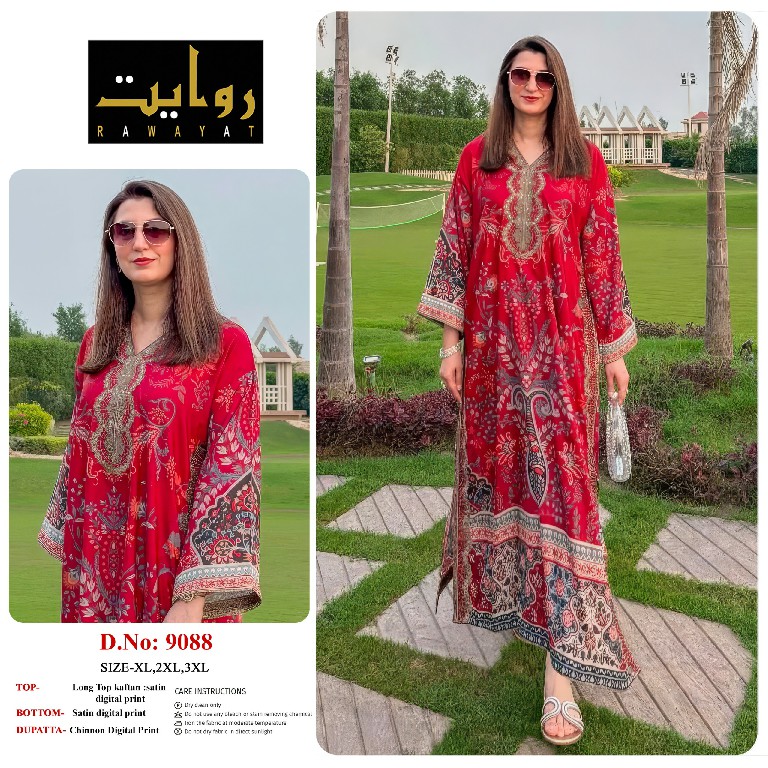 RAWAYAT D.NO 9086 TO 9101 WHOLESALE READYMADE SATIN DIGITAL PRINT LONG KAFTAN STYLE 3 PCS SUITS SUPPLIER