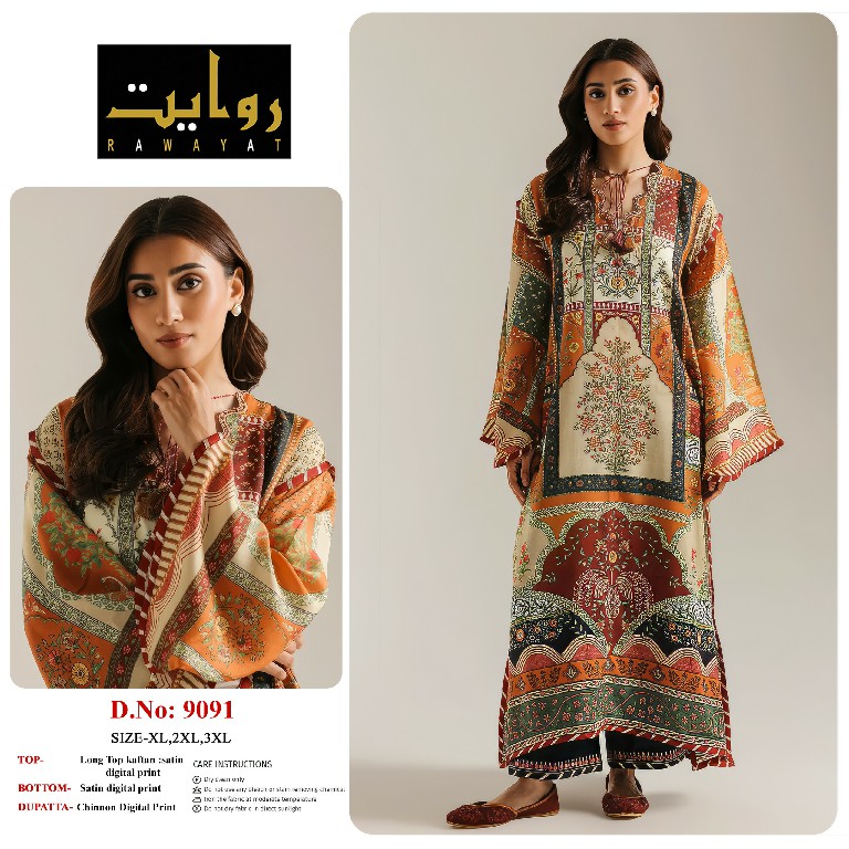RAWAYAT D.NO 9086 TO 9101 WHOLESALE READYMADE SATIN DIGITAL PRINT LONG KAFTAN STYLE 3 PCS SUITS SUPPLIER