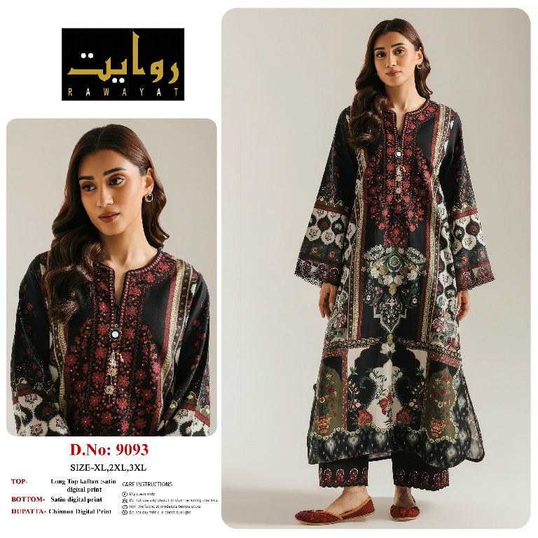 RAWAYAT D.NO 9086 TO 9101 WHOLESALE READYMADE SATIN DIGITAL PRINT LONG KAFTAN STYLE 3 PCS SUITS SUPPLIER