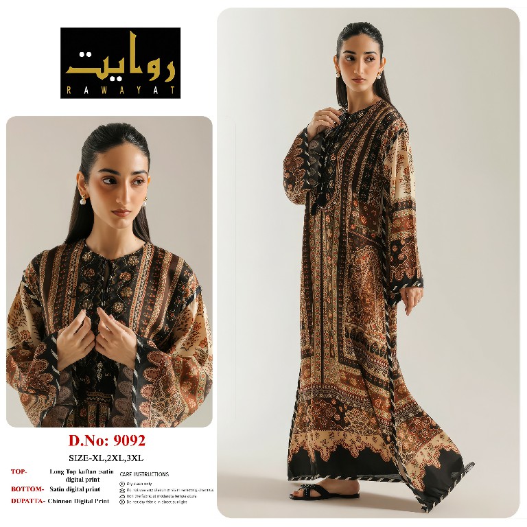 RAWAYAT D.NO 9086 TO 9101 WHOLESALE READYMADE SATIN DIGITAL PRINT LONG KAFTAN STYLE 3 PCS SUITS SUPPLIER