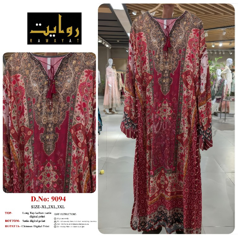 RAWAYAT D.NO 9086 TO 9101 WHOLESALE READYMADE SATIN DIGITAL PRINT LONG KAFTAN STYLE 3 PCS SUITS SUPPLIER