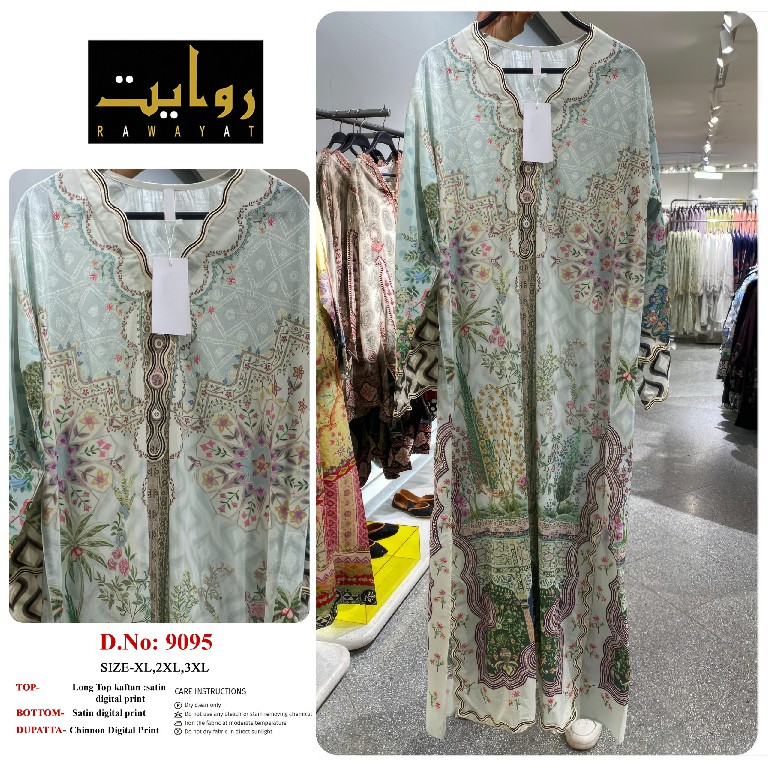 RAWAYAT D.NO 9086 TO 9101 WHOLESALE READYMADE SATIN DIGITAL PRINT LONG KAFTAN STYLE 3 PCS SUITS SUPPLIER