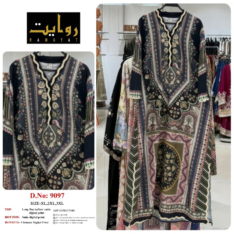 RAWAYAT D.NO 9086 TO 9101 WHOLESALE READYMADE SATIN DIGITAL PRINT LONG KAFTAN STYLE 3 PCS SUITS SUPPLIER