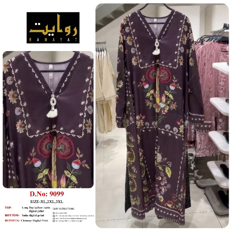RAWAYAT D.NO 9086 TO 9101 WHOLESALE READYMADE SATIN DIGITAL PRINT LONG KAFTAN STYLE 3 PCS SUITS SUPPLIER