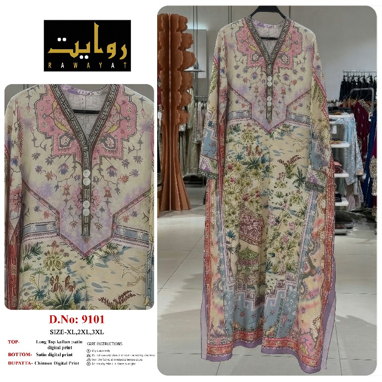 RAWAYAT D.NO 9086 TO 9101 WHOLESALE READYMADE SATIN DIGITAL PRINT LONG KAFTAN STYLE 3 PCS SUITS SUPPLIER