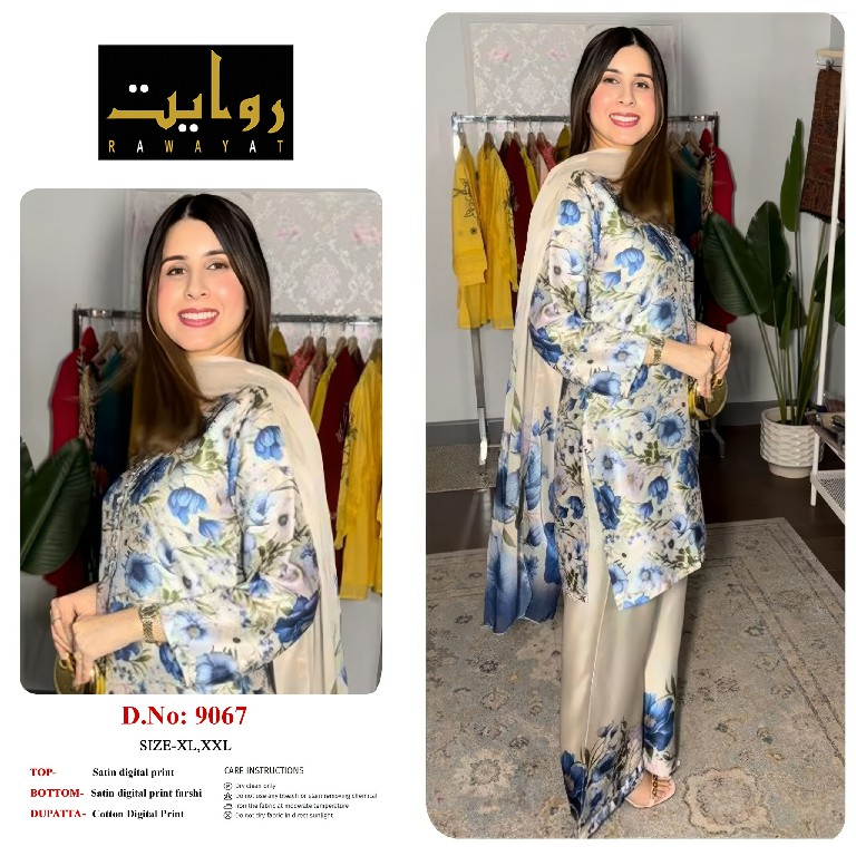 RAWAYAT D.NO 9067 TO 9075-8997-8998-8912 WHOLESALE READYMADE SATIN DIGITAL PRINT FARSHI SALWAR STYLE 3 PCS SUITS FOR EXPORT