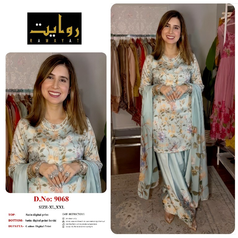 RAWAYAT D.NO 9067 TO 9075-8997-8998-8912 WHOLESALE READYMADE SATIN DIGITAL PRINT FARSHI SALWAR STYLE 3 PCS SUITS FOR EXPORT