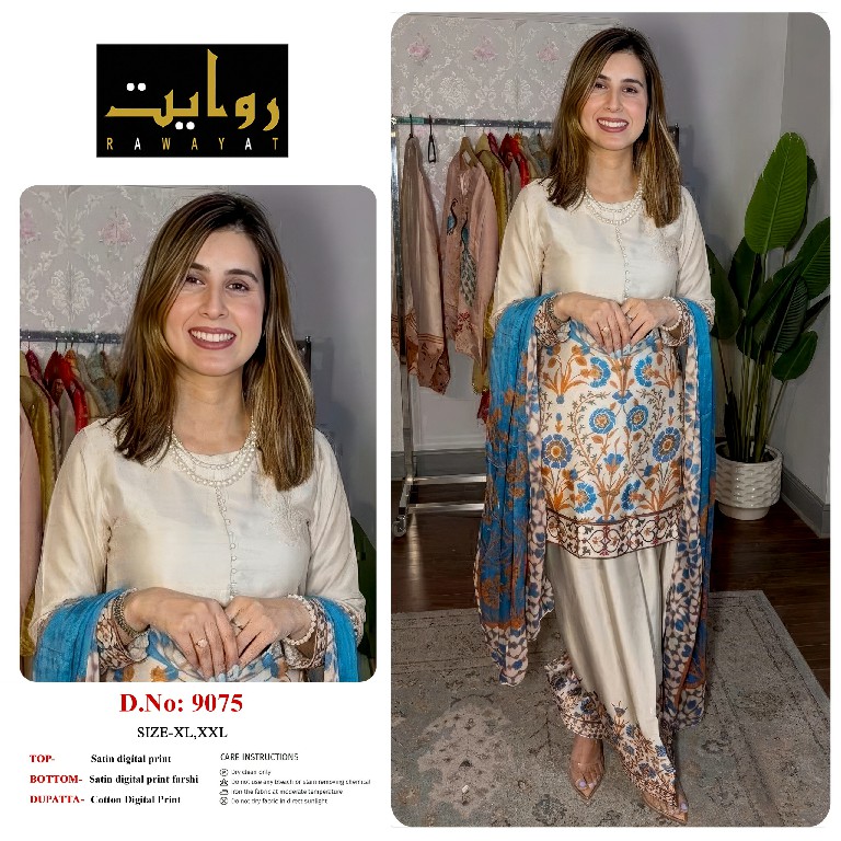 RAWAYAT D.NO 9067 TO 9075-8997-8998-8912 WHOLESALE READYMADE SATIN DIGITAL PRINT FARSHI SALWAR STYLE 3 PCS SUITS FOR EXPORT