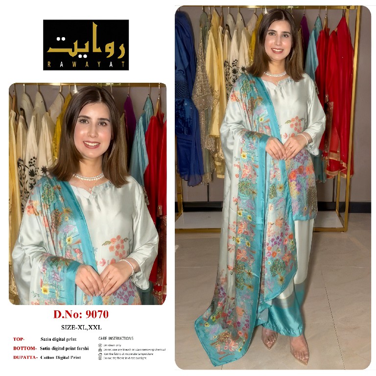 RAWAYAT D.NO 9067 TO 9075-8997-8998-8912 WHOLESALE READYMADE SATIN DIGITAL PRINT FARSHI SALWAR STYLE 3 PCS SUITS FOR EXPORT