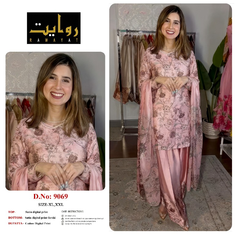 RAWAYAT D.NO 9067 TO 9075-8997-8998-8912 WHOLESALE READYMADE SATIN DIGITAL PRINT FARSHI SALWAR STYLE 3 PCS SUITS FOR EXPORT
