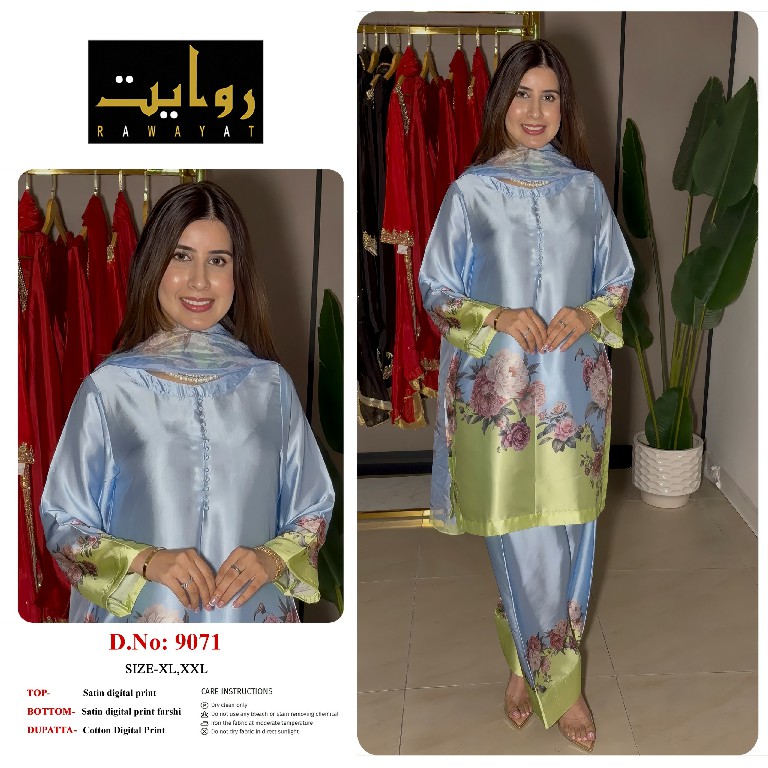 RAWAYAT D.NO 9067 TO 9075-8997-8998-8912 WHOLESALE READYMADE SATIN DIGITAL PRINT FARSHI SALWAR STYLE 3 PCS SUITS FOR EXPORT
