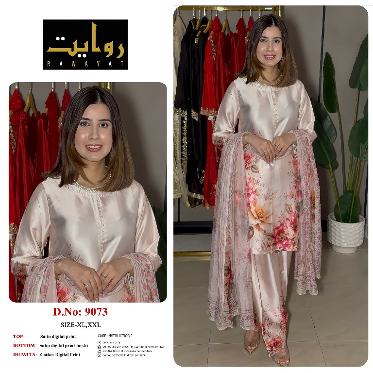 RAWAYAT D.NO 9067 TO 9075-8997-8998-8912 WHOLESALE READYMADE SATIN DIGITAL PRINT FARSHI SALWAR STYLE 3 PCS SUITS FOR EXPORT